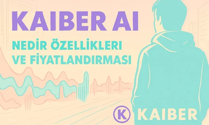 Kaiber AI tanıtım görseli: pastel renkli şehir silueti ve ses dalgaları eşliğinde, kapüşonlu bir figürün sahneyi izlediği kompozisyon. Üst kısımda ‘Kaiber AI – Nedir? Özellikleri ve Fiyatlandırması’ başlığı yer alıyor.