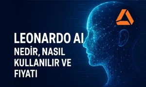 Sol Tarafta Leonardo AI Nedir Ne İçin Kullanılır ve Fiyatı Yazan Bir Metin İle Sağ Tarafta Yapay Zekayı Temsil Eden İnsan sülietinden oluşan bir görsel.