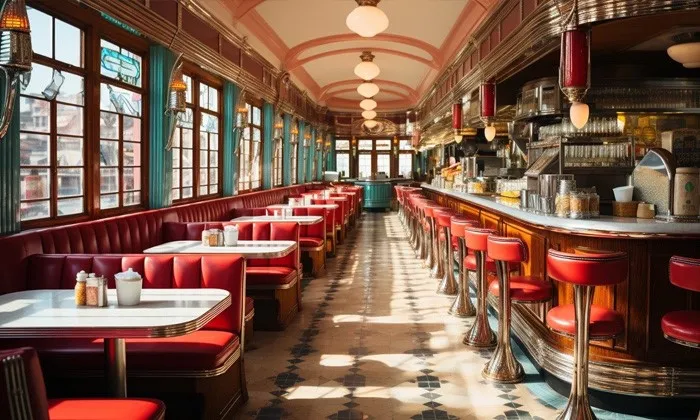 Midjourney ile oluşturulmuş bir restoranın içini gösteren tasarımda pastel renklerin kullanıldığı örnek bir görsel.