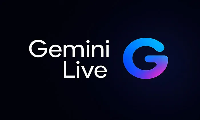 Gemini Live yazısı ve renk geçişli G logosu, koyu arka plan üzerinde modern ve teknolojik bir tasarımla sunuluyor. Yapay zekâ destekli sesli asistanı temsil eden görsel, akıcı iletişim ve dijital etkileşim temasını vurguluyor.