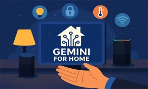 “Gemini for Home” yazılı ekranın merkezde yer aldığı, akıllı hoparlörler, masa lambası ve akıllı ev simgeleriyle çevrelenmiş, 700x420 çözünürlükte yatay bir dijital illüstrasyon. Görsel, Google’ın yeni nesil yapay zekâ destekli ev asistanını temsil ediyor.