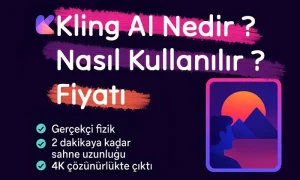 Kling.ai tanıtım görseli: Üst tarafta Kling AI Nedir Nasıl Kullanılır ve Fiyatı Yazan bir görsel. Alt kısında gerçekçi fizik, 2 dakikaya kadar sahne uzunluğu ve 4k çıktı özellikleri yazıyor. Sağ tarafta ise yapay zeka ile video üretimini simgeleyen bir ikon.