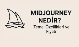 Görselde sol tarafta Midjourney’in ikonik yelkenli logosu yer alıyor; sağ tarafta ise Midjourney nedir? başlığı sade ve etkileyici bir tipografiyle sunuluyor. Arka plan, dikkat dağıtmayan açık tonlarda tasarlandı.