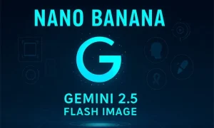 Google Gemini logosunun merkezde yer aldığı, dijital arayüz simgeleriyle çevrili, koyu mavi ve neon tonlarında hazırlanmış 16:9 oranlı teknoloji temalı bir görsel. Üstte “Nano Banana”, altta “Gemini 2.5 Flash Image” yazısı bulunuyor.