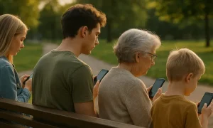 Dört farklı yaş grubundan birey genç kız, genç erkek, yaşlı teyze ve küçük çocuk bir parkta bankta oturmuş, telefon elinde oturuyor. Görsel, her yaştan Instagram kullanıcı sayısını temsil ediyor.