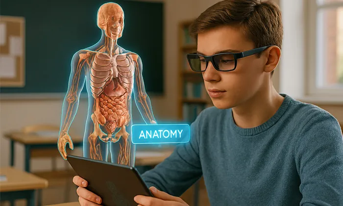 Bir öğrenci AR gözlüğü ile insan anatomisini 3boyutlu olarak inceliyor. Ortam sınıf. Etkileşimli öğeler var.