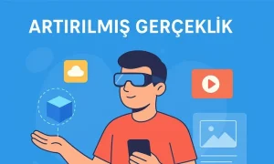 Artırılmış Gerçeklik hakkında öne çıkan bir görsel. Ön planda AR gözlüğü takan bir erkek karakterin dijital dünyayı gerçek dünya ile buluşturduğu ambiyansını veren bir kompozisyon.
