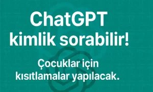 ChatGPT’nin kimlik doğrulama ve çocuklar için kısıtlama getirebileceğine dair bilgilendirme görseli. Aqua mavi motifli arka plan üzerinde beyaz metinle iki başlık yer almakta. Arka planda düşük opaklıkta OpenAI logosu bulunuyor. Görsel, dijital güvenlik ve yaş doğrulama konularına dikkat çekiyor.