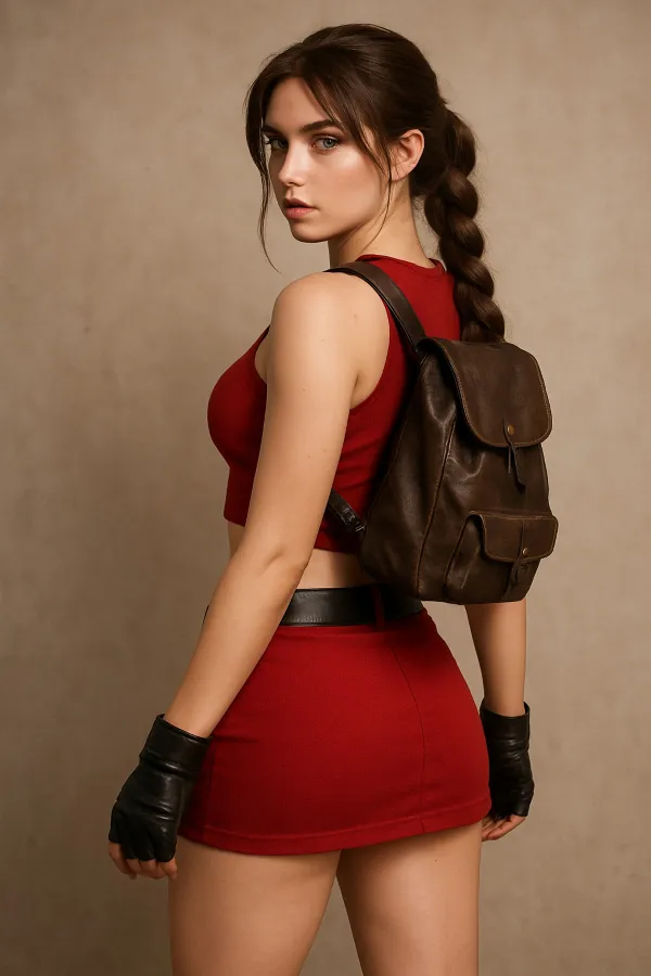 Chatgpt + Dall e ile üretilmiş Örnek bir görsel. Kırmızı Elbiseli arkası dönük Lara croft