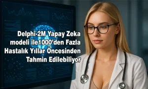 Beyaz önlük giymiş kadın doktor, yapay zeka destekli sağlık ekranı önünde, Delphi-2M yapay zeka modeli ile hastalık tahminini simgeleyen fotoğraf.