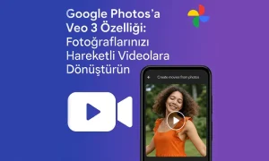 Google Photos’a Veo 3 Özelliği: Fotoğraflarınızı Hareketli Videolara Dönüştürün” başlıklı tanıtım görseli. Sol tarafta beyaz renkle yazılmış başlık metni yer alırken, sağda Google Photos logosu ve bir akıllı telefon ekranında dans eden bir kadının fotoğrafı görülüyor. Telefon ekranında video oynatma simgesi bulunuyor.