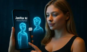 Janitor AI telefonundan kullanan bir kadın görseli. Karanlık ortamda telefondaki janitor ai uygulaması ön plana çıkıyor.