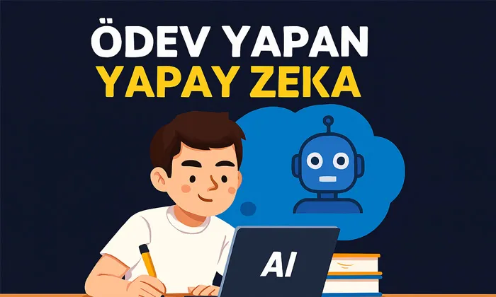 Ödev yapan yapay zeka başlıklı önünde laptop olan bir öğrencinin yapay zekadan destek alarak ödev yaptığını temsil eden görsel.