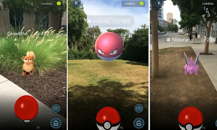 Pokemon Go adlı oyunun arayüzünden 3 görselin yan yana birleştirilmesi ile oluşan bir görsel.