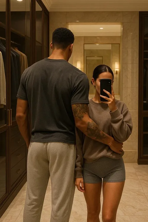 Sora ile üretilmiş, Modern walk-in giyinme odasında selfie çeken iki kişi; koyu gri tişört ve açık gri eşofmanlı erkek ile taupe sweatshirt ve gri şortlu kadın. Lüks dolap tasarımı, düzenli kıyafet askıları ve aynalarla moda ve yaşam tarzı temalı iç mekanı yansıtan bir yapay zeka örnek görseli.