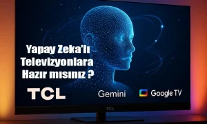 TCL QM9K Serisi yapay zekalı televizyon, Gemini ve Google TV entegrasyonuyla modern bir salonda sergileniyor. Ekranda mavi tonlarda dijital bir insan yüzü ve yapay zeka temalı grafikler yer alırken, arka planda mor ve turuncu ambiyans ışıklarıyla geleceğe vurgu yapan bir atmosfer oluşturulmuş