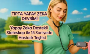 Yeşil tıbbi üniforma giymiş bir kadın, yapay zeka destekli elektronik steteskopla açık hava ortamında hastalık teşhisi yapıyor. Arka planda gölet ve yeşillikler yer alıyor. Görsel, tıpta yapay zeka teknolojisinin hızlı teşhis kapasitesini vurguluyor.