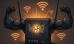 Wi-Fi 7 Nedir?: Wi-Fi 6 ve Wi-Fi 7 Arasındaki Farklar Wi-Fi 7 Nedir Wi-Fi 6 ve Wi-Fi 7 Arasındaki Farklar başlıklı yazı için kol kasları güçlü bir hayali modem görseli. Wifi 7 nin en güçlü olduğunu temsil ediyor.