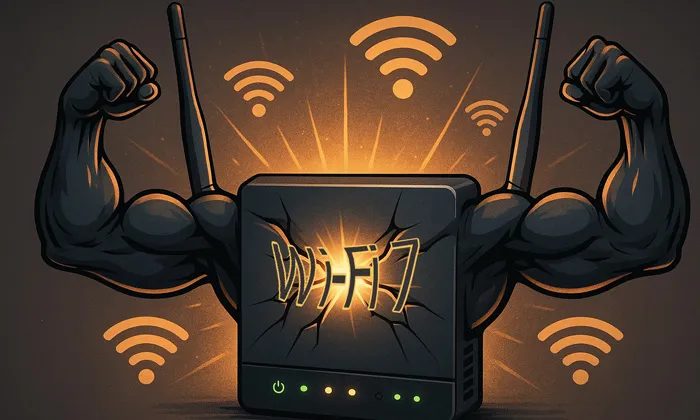 Wi-Fi 7 Nedir Wi-Fi 6 ve Wi-Fi 7 Arasındaki Farklar başlıklı yazı için kol kasları güçlü bir hayali modem görseli. Wifi 7 nin en güçlü olduğunu temsil ediyor.