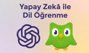 Yapay Zeka ile Dil Öğrenmek başlıklı pastel tonlarda 16:9 görsel. ChatGPT ve Duolingo logoları yan yana yer alıyor.