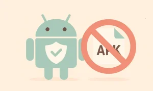 Android Güvenlik Güncellemesini yansıtan Andoid logosu ile birlikte yanında apk yazısı ve apk yazısı üzerinde engel işaretinden oluşan pastel tonlarda bir görsel.