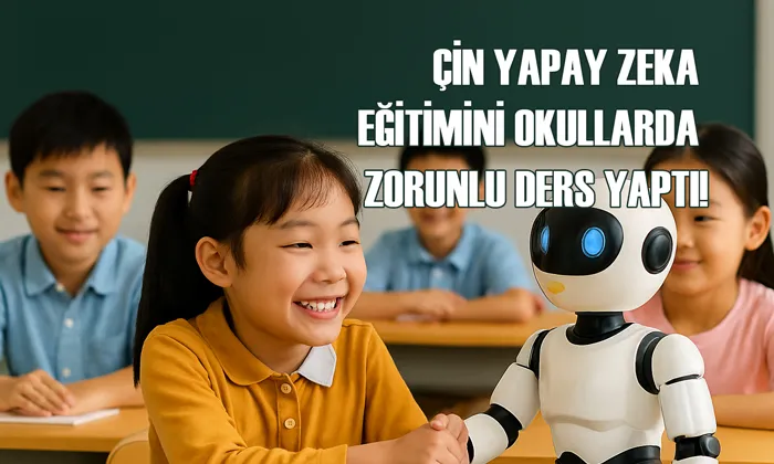 Çinli ilkokul öğrencisi sınıfta yapay zeka robotuyla el sıkışırken gülümsüyor; diğer öğrenciler merakla izliyor. Çinin yapay zeka eğitimini zorunlu yaptığını belirten başlık yer alıyor.