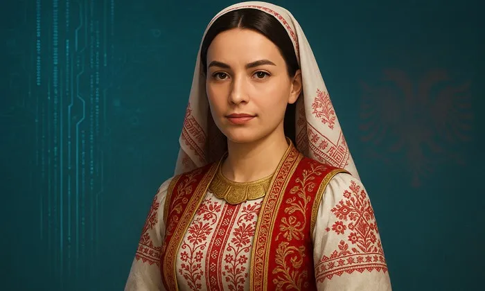 Geleneksel Arnavut kıyafetleri giymiş bir kadın figürü, dijital devre desenleri ve Arnavutluk’un çift başlı kartal amblemiyle çevrelenmiş sade bir arka planda yer alıyor. Arnavutluk devletinin Kültürel miras ile teknolojiyi birleştiren yapay zeka bakanını simgeliyor.