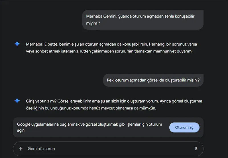 Google Gemini ile ilk konuşmada nasıl yanıt verdiğini gösteren ekran görüntüsü.