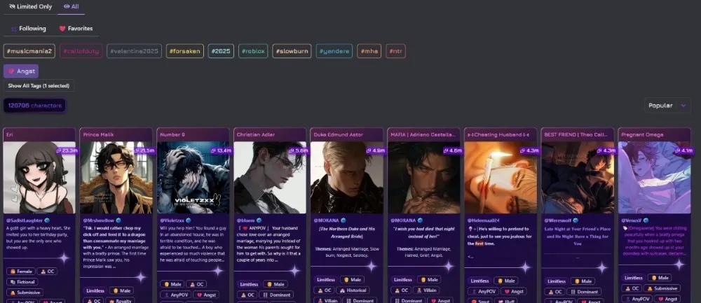 Janitor AI web sitesi arayüzünün bir ekran görüntüsü