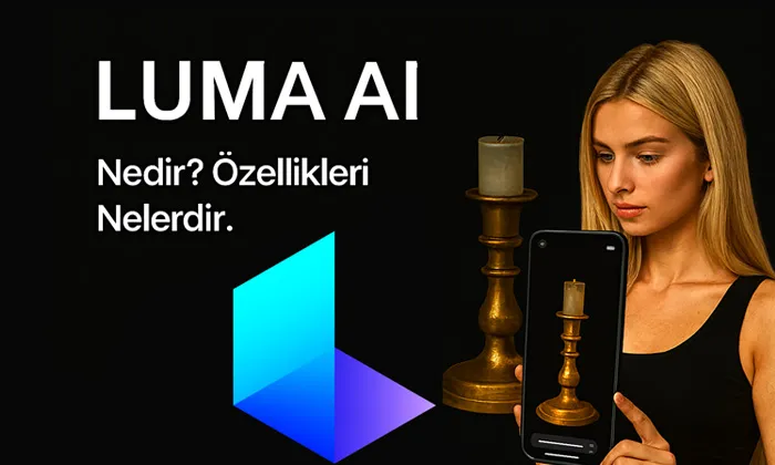 Siyah arka planda beyaz LUMA AI Nedir? Özellikleri Nelerdir.” metni ve mavi-mor geometrik logo; sağda cep telefonunda pirinç şamdanın 3B modellemesini gösteren kadın.