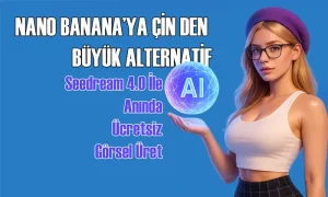 Seedream 4.0 tanıtım görseli: Mor bereli, gözlüklü bir kadın elinde 'AI' yazılı parlayan küre tutuyor. Arka planda mavi tonlar hâkim, üst kısımda 'Nano Banana’ya Çin’den Büyük Alternatif' ve alt kısımda 'Seedream 4.0 ile Anında Ücretsiz Görsel Üret' yazısı yer alıyor.