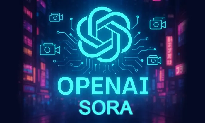 Neon ışıklar, dijital reklam panoları ve sinematik bir sisle yaratılmış şehir manzarası. Ortada, resmi OPENAI logosu OpenAI Sora yazısı ile okuyucunun dikkatini çeken bir görsel.