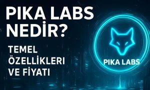 Futuristik neon şehir manzarası üzerine yerleştirilmiş 'Pika Labs nedir? Temel özellikleri ve fiyatı' başlığı. Görselin sağında, mavi parıltılı dairesel hologram içinde Pika Labs AI logosu (stilize tilki başı) yer alıyor. Arka plan, dijital veri yolları ve yüksek teknoloji binalarıyla çevrili cyberpunk atmosfer sunuyor.