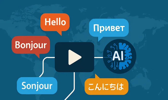 Youtube çok dilli seslendirme özelliğini temsil eden görsel. Ortada bir oynatma simgesi, çevresinde farklı dillerde konuşma balonları ve yapay zekâ simgesiyle dijitalleşme vurgusu var.