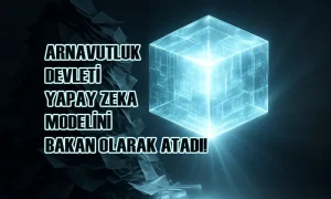 Solda Arnavutluk devleti, yapay zekâ modeli Diella’yı bakan olarak atadı şeklinde başlık yer alıyor. Karanlık belge yığını arasından doğan ışıklı kristal veri küpüyle dijital dönüşümün sembolik görseli.