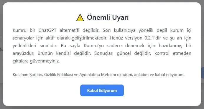 Kumru adlı yapay zekanın ana sayfasında çıkan bilgilendirme mesajı