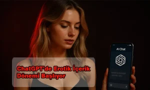 Çekici bir kadın görseli, elinde yapay zeka arayüzü açık bir telefon. Görsel üstünde Chatgpt Erotik İçerik Dönemi Başlıyor başlıklı bir yazı var.