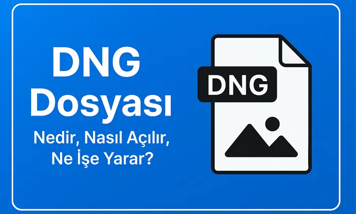 DNG Dosyası nedir, nasıl açılır, ne işe yarar konulu bilgi içeren, DNG dosya ikonunun yer aldığı mavi arka planlı öne çıkan görsel.