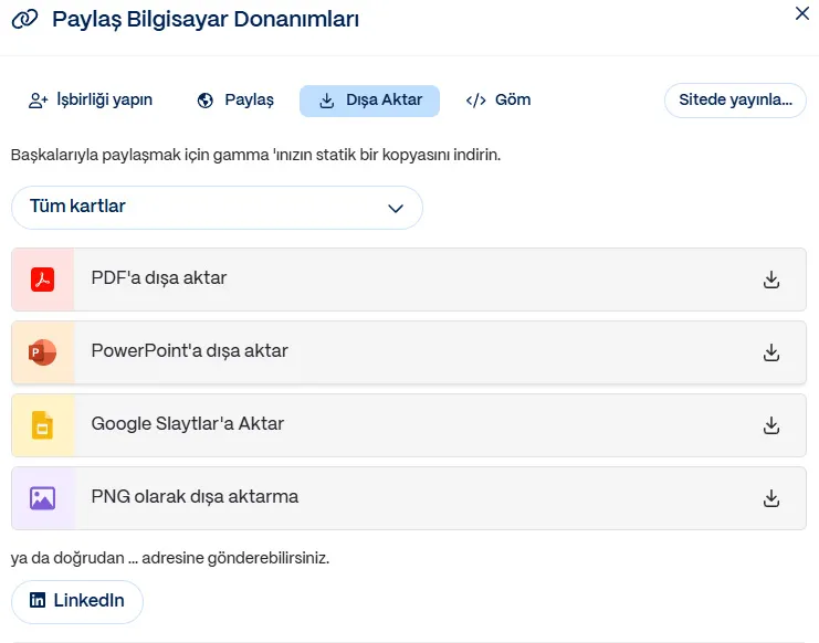 Sunum yapan yapay zeka Gamma'nın dışarı aktarma seçeneklerini gösteren site arayüzü.