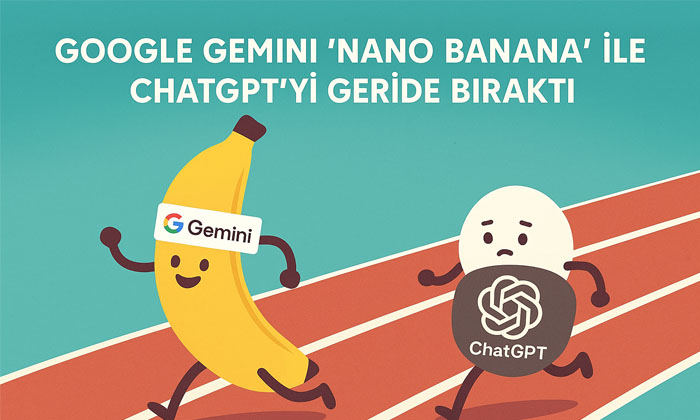 Google Gemini Nano Banana ile ChatGPT’yi Geride Bıraktı adlı başlığın altında Gemini’yi temsil eden muz karakteri, ChatGPT’yi temsil eden yuvarlak karakteri yarış pistinde geçiyor.