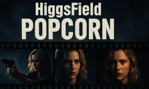 Sinematik bir 16:9 afiş; koyu tonlarda dramatik bir arka plan üzerinde “HiggsField POPCORN” başlığı beyaz kalın harflerle yer alıyor. Ortada yatay bir film şeridi içinde, farklı ışık ve pozlarda üç stilize kadın portresi bulunuyor: