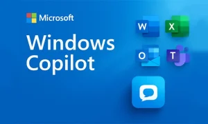 Windows Copilot Nedir tanıtım görseli: Microsoft logosu, büyük puntolu “Windows Copilot” yazısı ve yanında Word, Excel, Outlook ile Teams uygulama ikonları. Mavi degrade arka plan üzerinde düzenlenmiş modern bir tasarım.