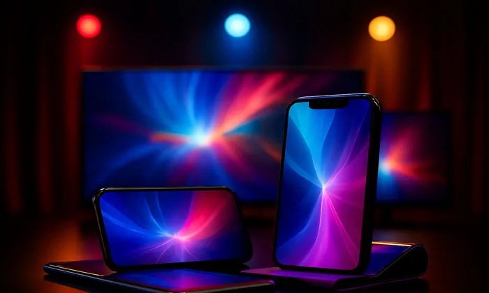 Katlanabilir telefonlar ve televizyon Oled Qled ve Amoled ekranları temsil ediyor ve sahne ışıklarıyla aydınlatılmış sergileniyor. Renkli ekranlar ve kırmızı, mavi, sarı spot ışıklar dikkat çekiyor.