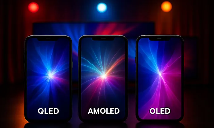 Üç farklı ekran teknolojisine sahip telefon QLED, AMOLED ve OLED sahne ışıkları altında yan yana duruyor. Her ekran farklı renk yoğunluğu ve kontrastla soyut görseller gösteriyor.
