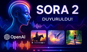 SORA 2 duyurusu: OpenAI tarafından tanıtılan yapay zeka temalı dijital görsel, neon renkli insan profili ve video ön izlemeleriyle geleceğin teknolojisini vurguluyor.