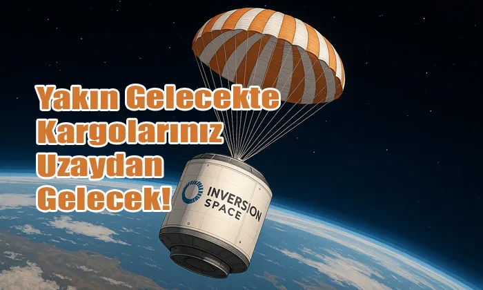 Uzaydan Kargo Teslimatını vurgulayan, paraşütle Dünya’ya inen "Inversion Space" kargo kapsülü, arka planda Dünya’nın eğimiyle birlikte.