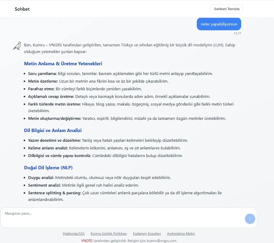 Kumru adlı yerli yapay zeka modelinin web sitesi arayüzü