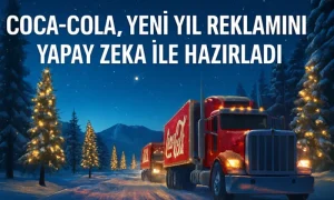 Coca‑Cola logolu kırmızı kamyon konvoyu karla kaplı yolda ilerlerken; çevrede yılbaşı ışıklarıyla süslü çam ağaçları, yıldızlı gece gökyüzü ve uzak karla kaplı dağlar; üstte beyaz büyük başlık metni; Coca‑Cola’nın yapay zeka ile yapılan reklamı vurgulanıyor.