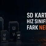 SD ve microSD kartlar, farklı hız sınıflarıyla karanlık teknolojik bir arka planda sergileniyor; sağda “SD KART HIZ SINIFLARI? FARK NEDİR?” yazısı yer alıyor.