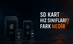 SD ve microSD kartlar, farklı hız sınıflarıyla karanlık teknolojik bir arka planda sergileniyor; sağda “SD KART HIZ SINIFLARI? FARK NEDİR?” yazısı yer alıyor.